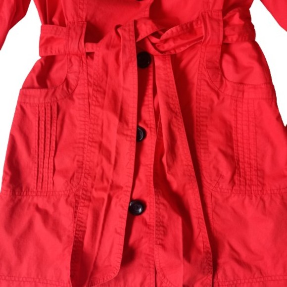 Size 12 Red Mid Thigh Length Belted Trench Coat - Picture 3 of 10